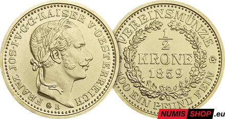 Zlatá medaila - Kremnické razby Františka Jozefa - spolková 1/2 koruna 1859 (replika)