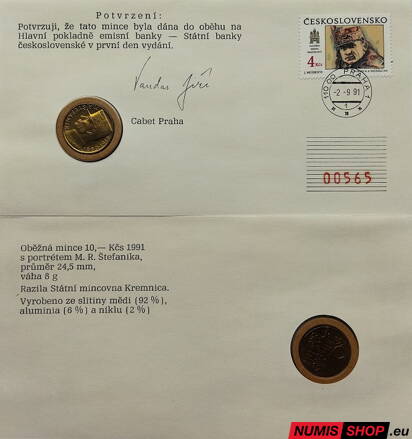 10 korún - Československo - 1991 - M. R. Štefánik - mincový list